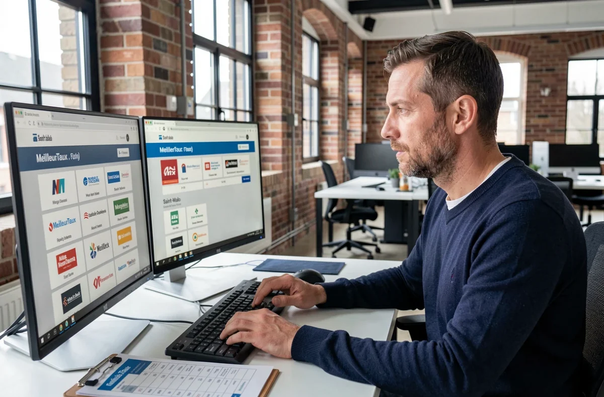 Un courtier MeilleurTaux en Bretagne compare des taux de prêt immobilier sur écran dans un bureau moderne à Saint-Malo avec interface de comparaison bancaire
