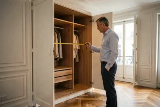 Homme mesurant un placard intégré dans un appartement de type haussmannien pour estimer la surface loi Carrez