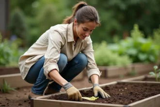 Femme mesurant une parcelle de jardin potager avec un mètre ruban pour calculer la surface avant d'appliquer de l'engrais