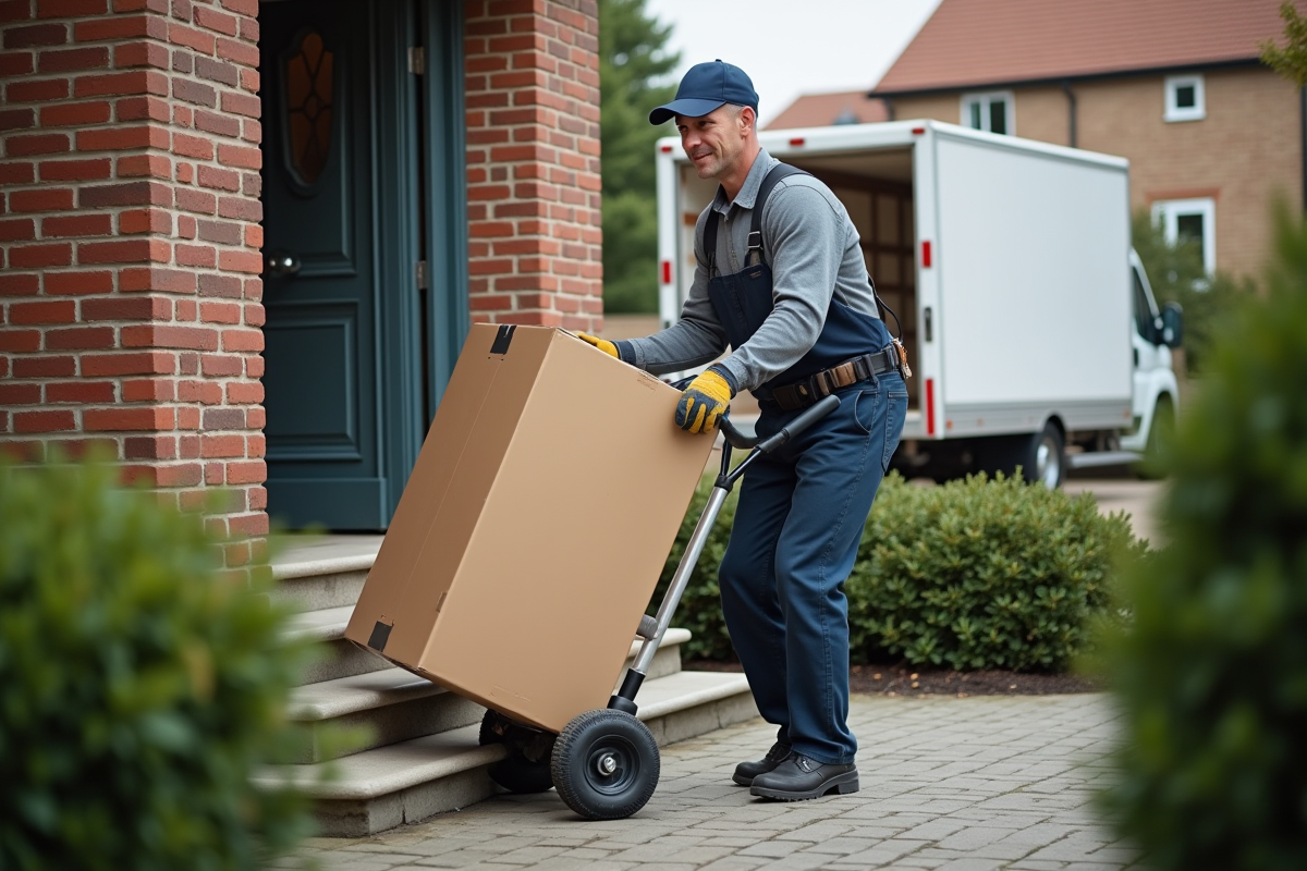 Moyenaged professionnel utilisant un chariot pour déplacer une caisse