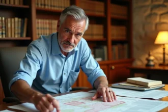 Notaire rural examinant des documents cadastraux et des plans de parcelles foncières sur un bureau en bois