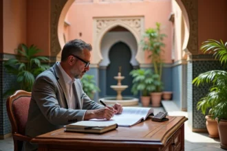 Notaire marocain examinant des documents de vente d'un riad dans un bureau traditionnel avec des carreaux de zellige et une fontaine en arrière-plan