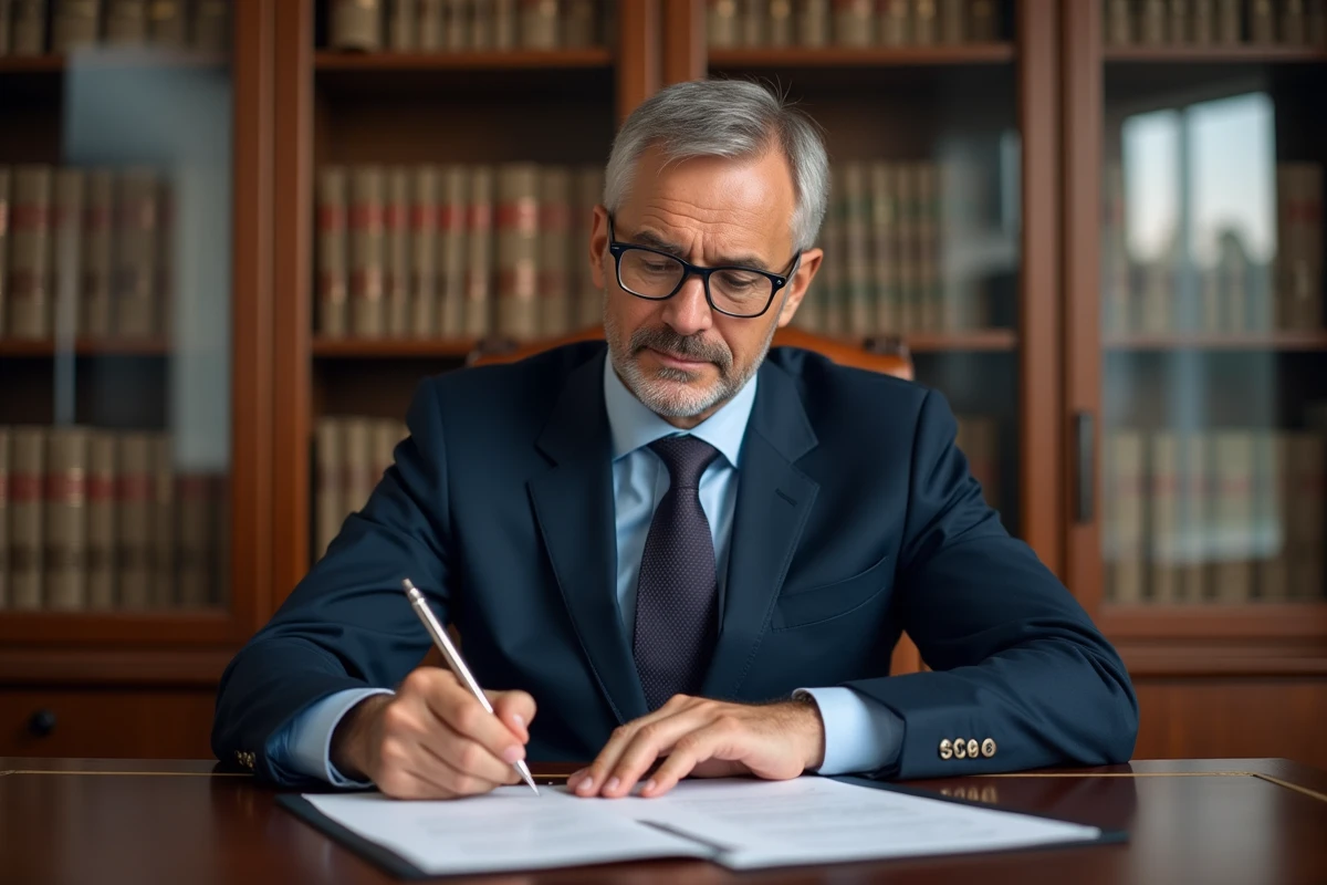 Notaire homme en costume bleu lisant un contrat dans son bureau