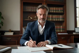 Notaire d'âge moyen en costume bleu lisant des documents officiels