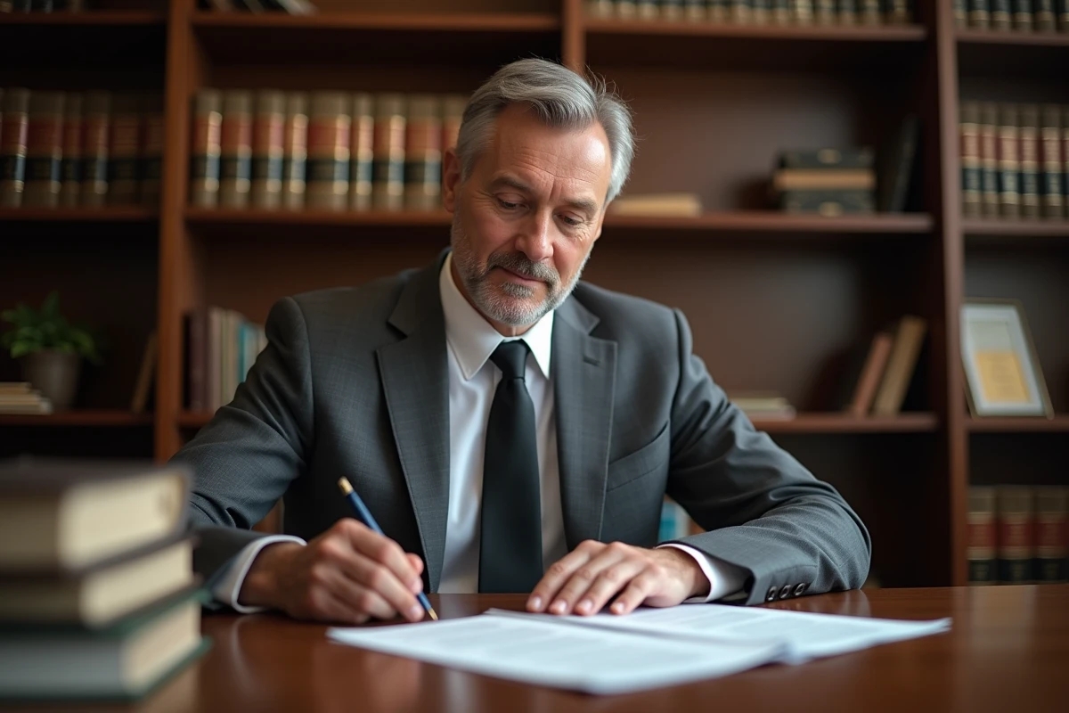 Notaire homme en costume gris dans un bureau traditionnel