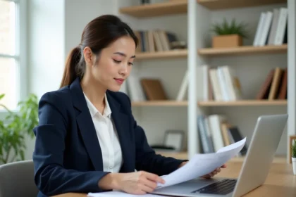 Nouvelle conseillère IAD découvrant ses documents de formation sur un bureau à domicile organisé