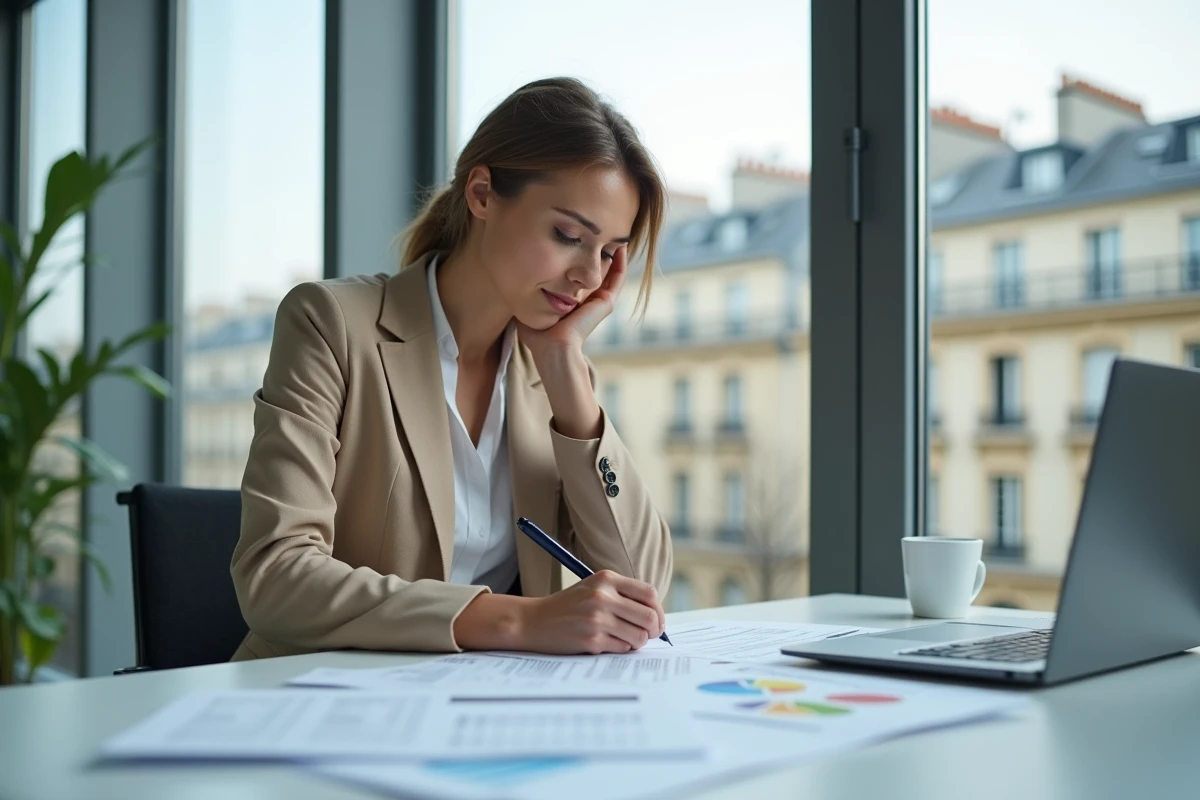 Marchande de biens analysant les frais de notaire et stratégies d'optimisation fiscale sur son bureau
