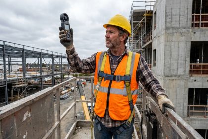 Ouvrier de construction vérifiant un anémomètre en hauteur