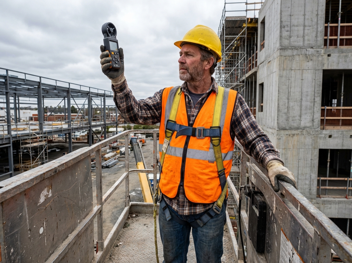 Ouvrier de construction vérifiant un anémomètre en hauteur