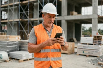 Ouvrier du bâtiment consultant une plateforme de recherche de chantier sur son smartphone devant un chantier en construction