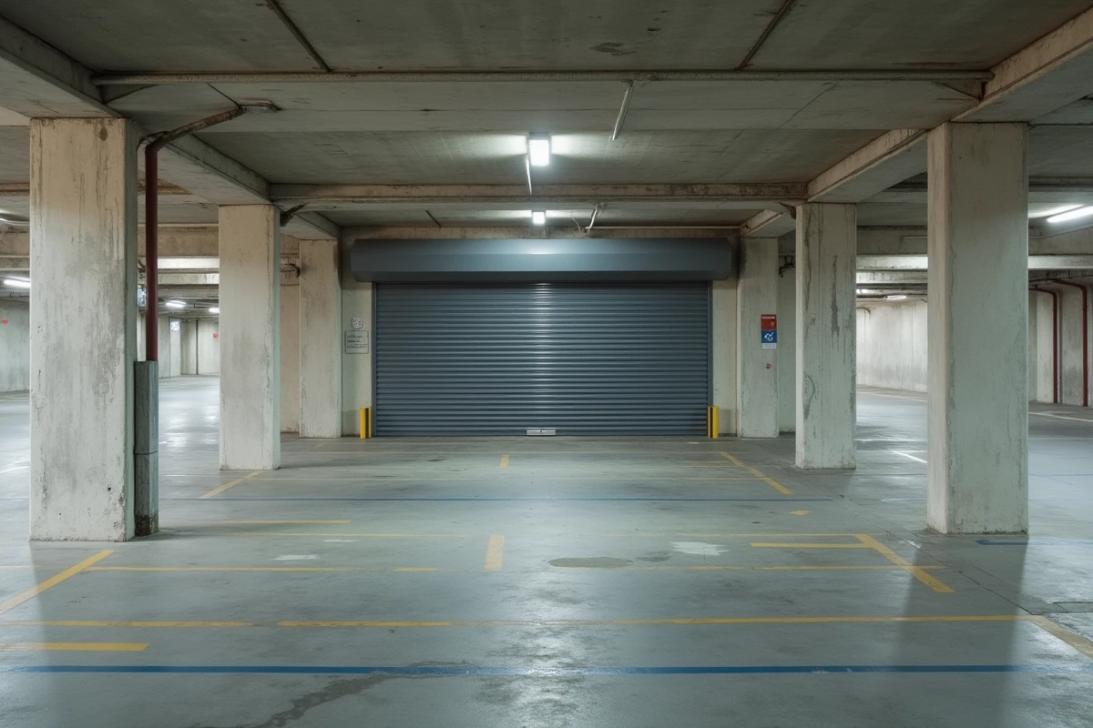 Parking souterrain avec emplacement et porte de garage illustrant les frais de notaire immobiliers