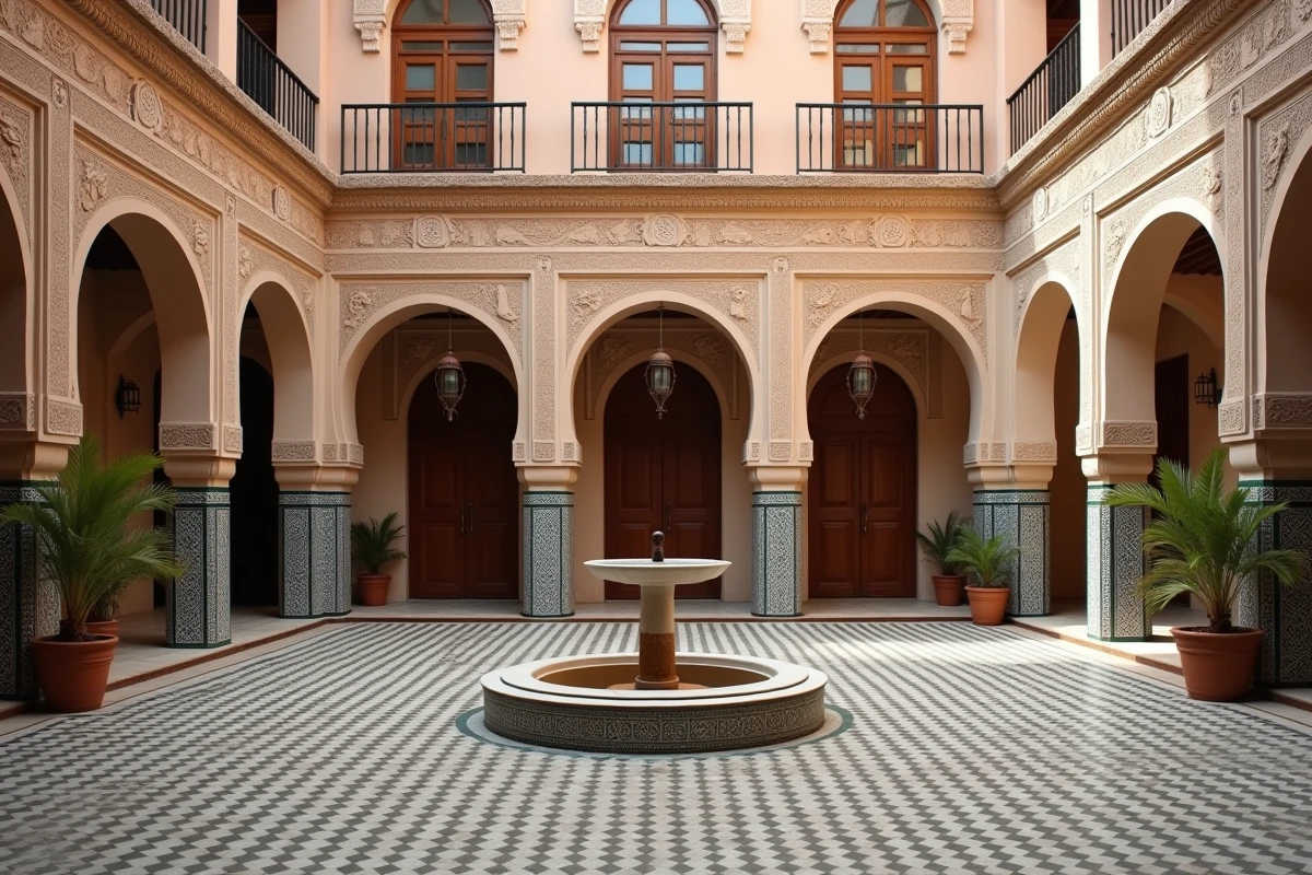 Patio intérieur d'un riad de Marrakech avec fontaine en marbre fissurée, zellige ancien et boiseries en cèdre à inspecter avant achat