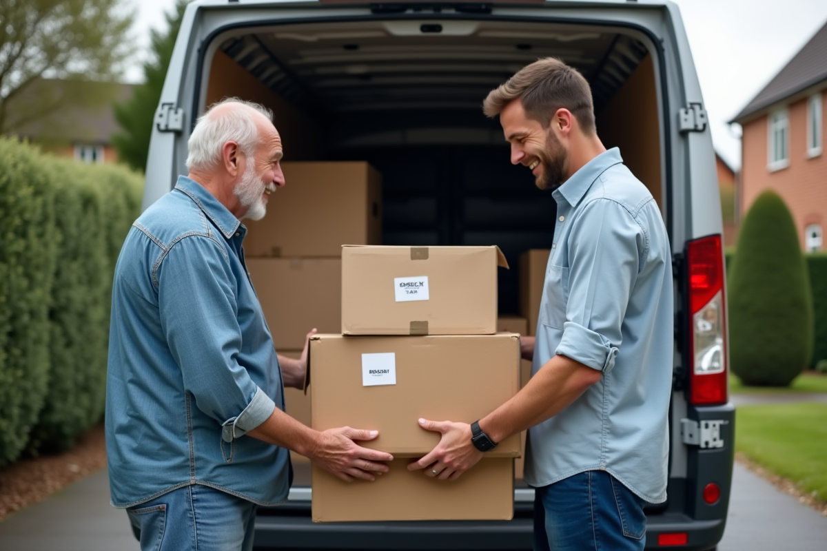 Pere et fils chargeant des cartons dans une voiture de demenagement