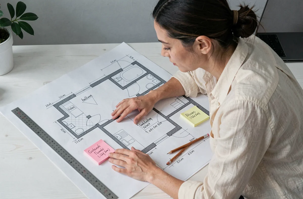 Femme consultant un plan d'appartement annoté avec les surfaces loi Carrez pièce par pièce dont les placards