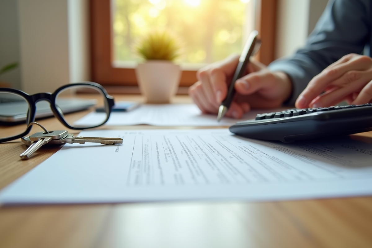 Main remplissant une déclaration fiscale avec calculatrice et clés