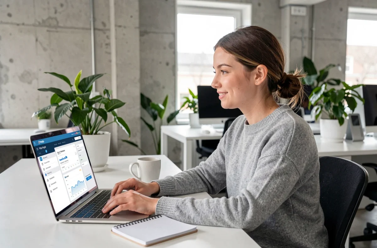 Une jeune professionnelle utilise la plateforme digitale Pretto pour simuler un prêt immobilier en Bretagne depuis un espace de coworking à Brest