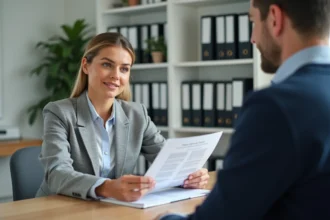 Propriétaire et locataire discutant d'un renouvellement de bail Pinel dans un bureau immobilier moderne