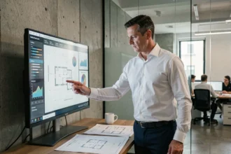 Promoteur immobilier utilisant un logiciel SaaS sur grand écran dans un bureau moderne