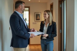 Homme d'âge moyen remettant une lettre à une jeune femme souriante