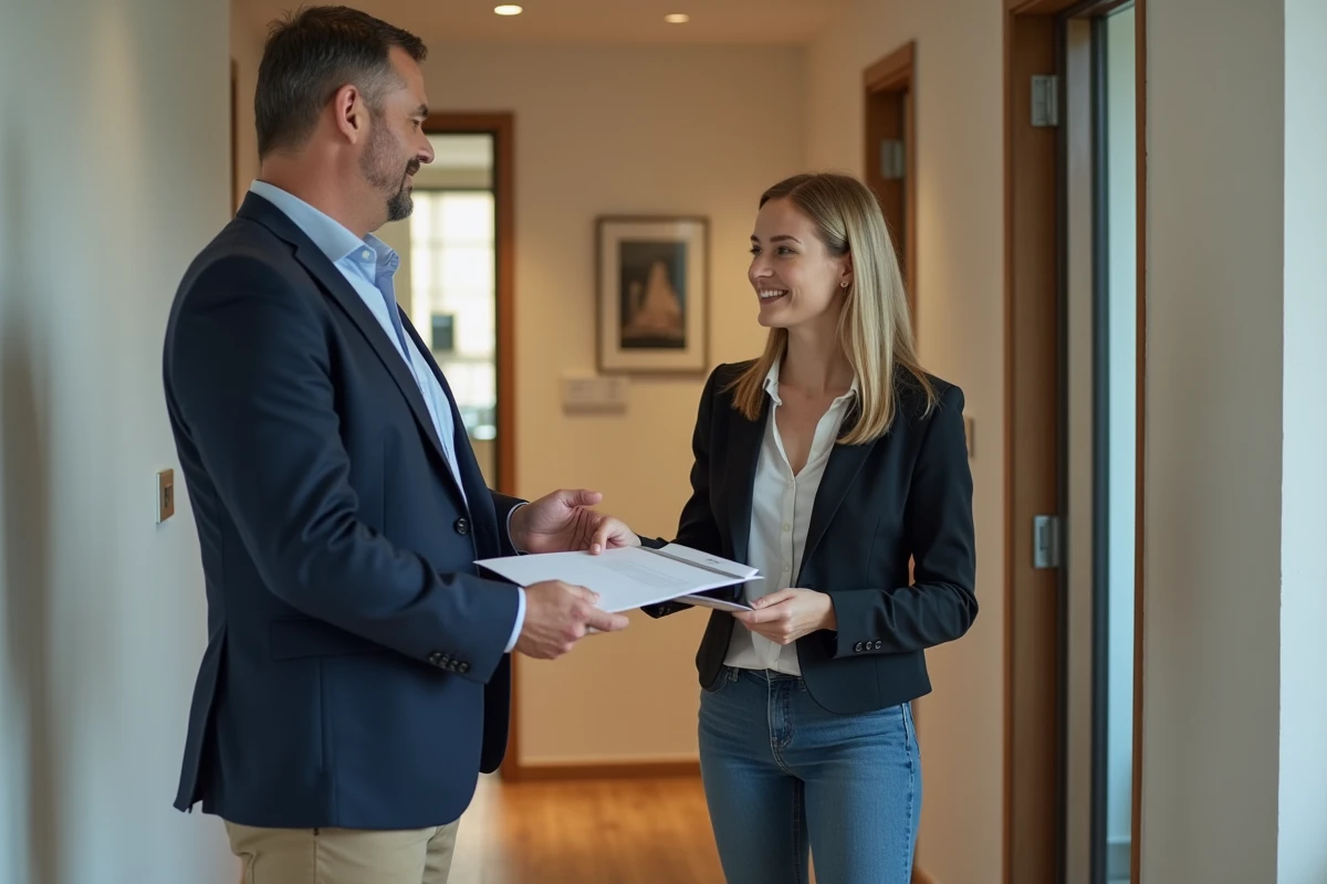 Homme d'âge moyen remettant une lettre à une jeune femme souriante