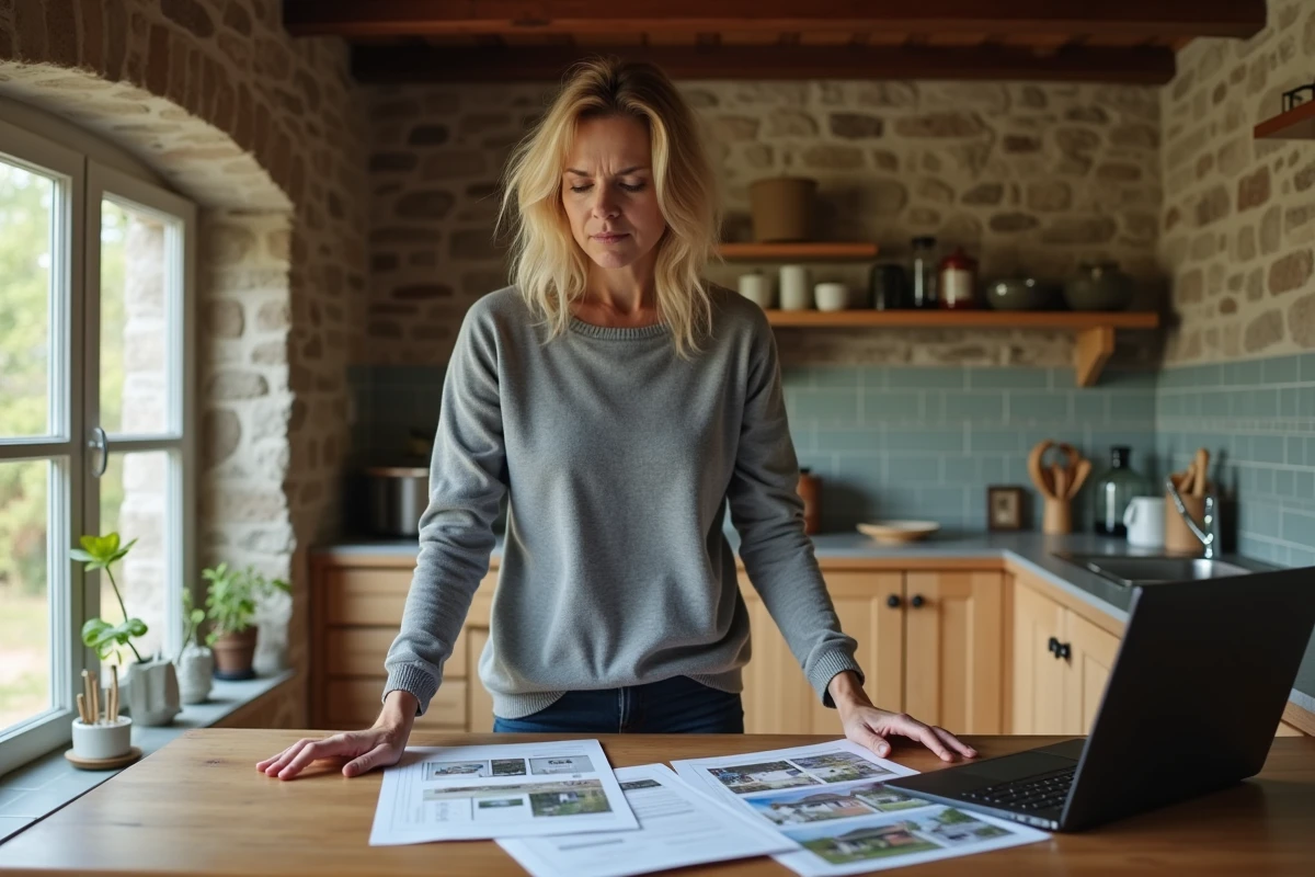 Femme étudiant des documents immobiliers pour vendre sa maison rapidement dans le Morbihan