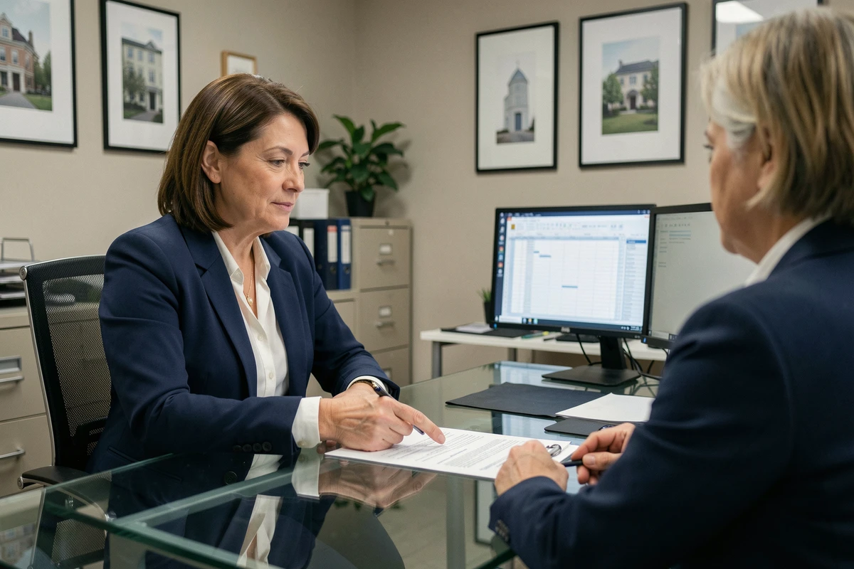 Propriétaire et locataire discutant de la répartition des charges dans une agence immobilière