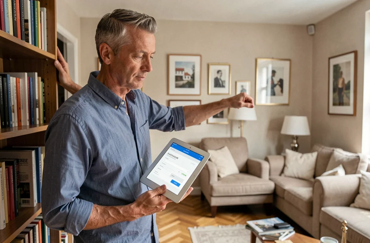 Propriétaire consultant un outil d'estimation immobilière en ligne sur une tablette dans son appartement