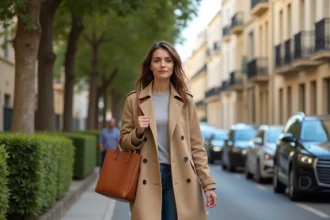 Femme élégante se promenant dans un quartier chic de Marseille avec des façades haussmanniennes en arrière-plan