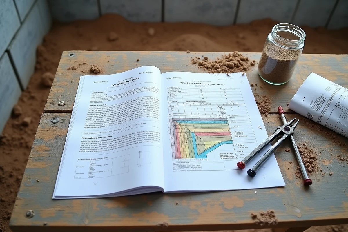 Rapport d'étude de sol géotechnique ouvert sur une table de chantier pour une reprise en sous-œuvre