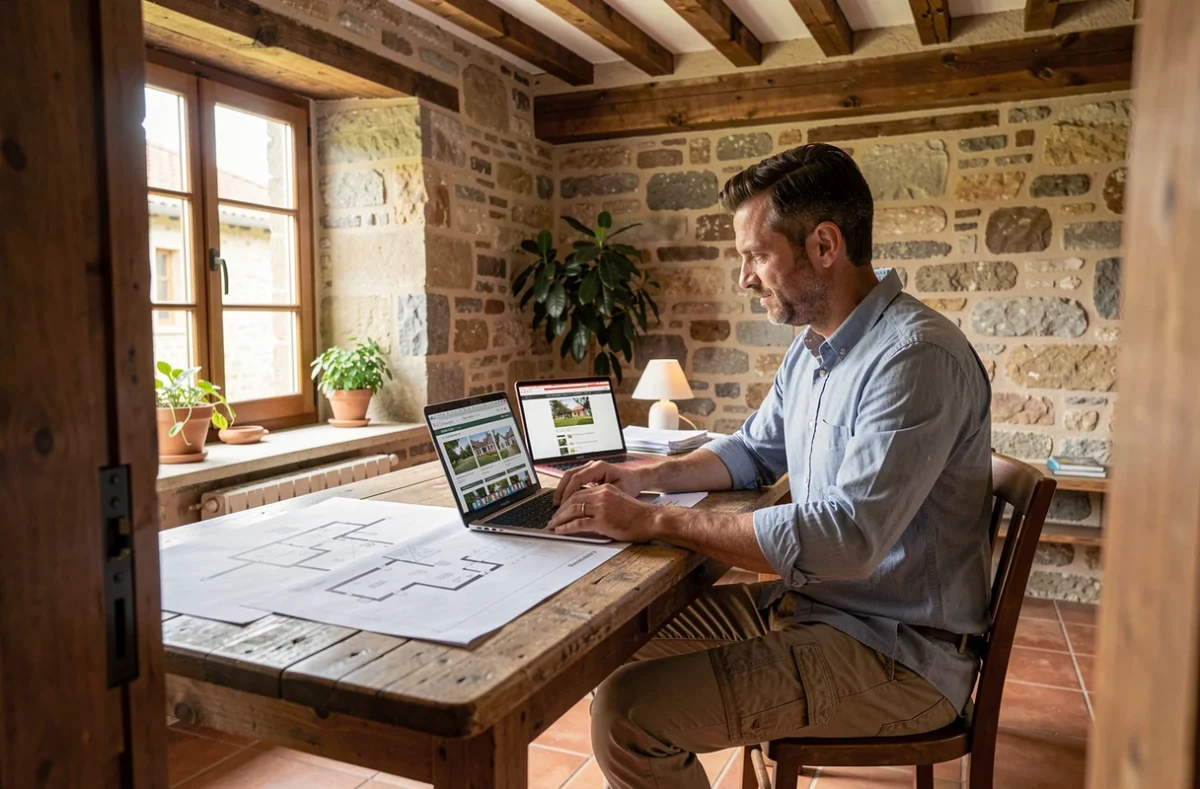 Homme recherchant une location de maison dans le département 43 depuis une maison en pierre traditionnelle de Haute-Loire