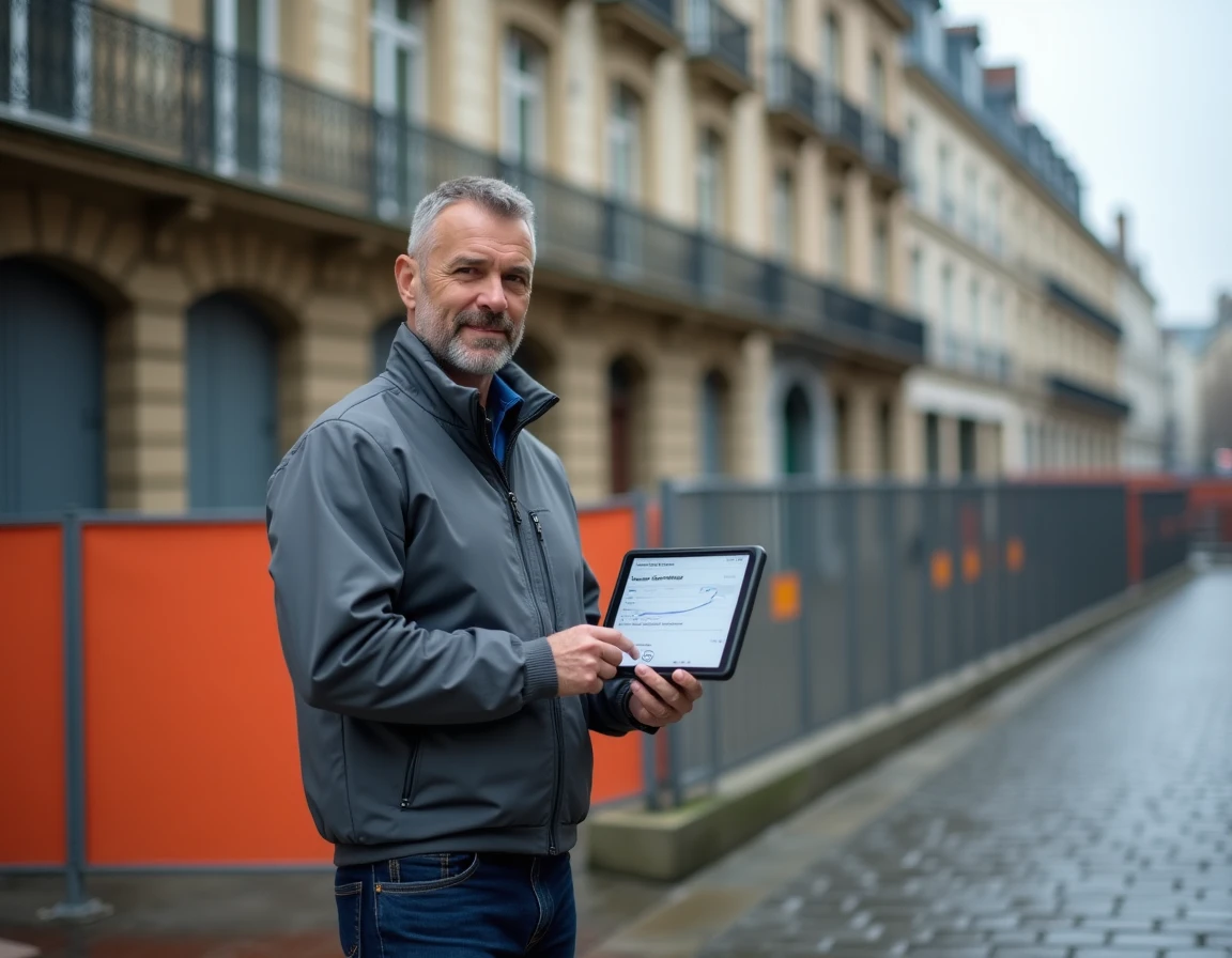 Homme utilisant le portail Cadastre.gouv.fr sur tablette devant une parcelle urbaine en ville