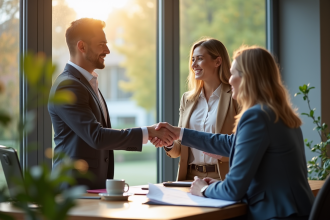 Couple souriant rencontrant un conseiller bancaire dans une banque moderne