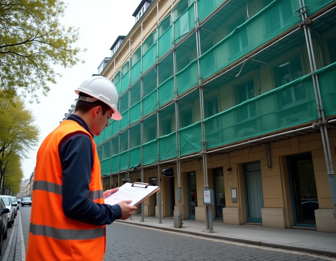 Immeuble haussmannien en rénovation à Paris avec un ouvrier consultant des plans, illustrant une opération de marchand de bien soumise à la TVA