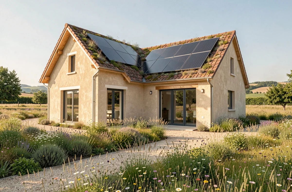 Résidences Ecobuilder maison passive certifiée avec panneaux solaires intégrés, toiture végétalisée et jardin naturel dans le Vaucluse