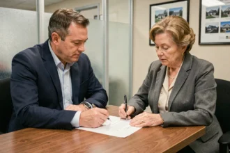 Agent immobilier et cliente examinant un mandat de vente exclusif avant résiliation