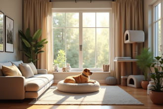 Salon moderne avec coin cosy pour animaux