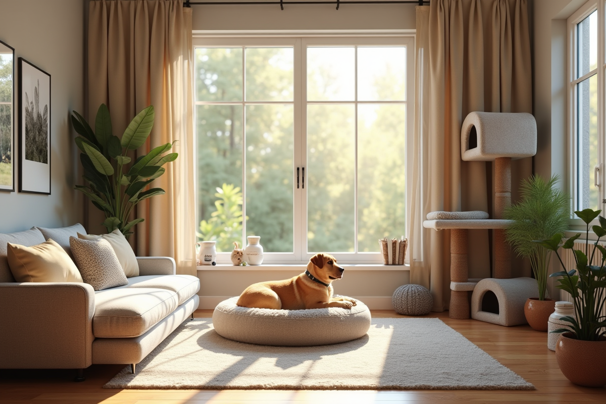 Salon moderne avec coin cosy pour animaux
