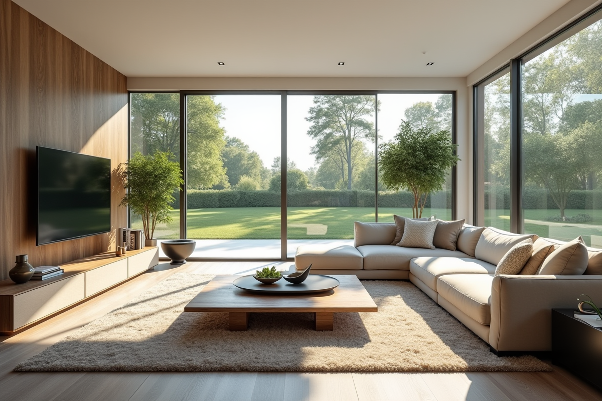 Salon lumineux avec grandes fenêtres et mobilier moderne