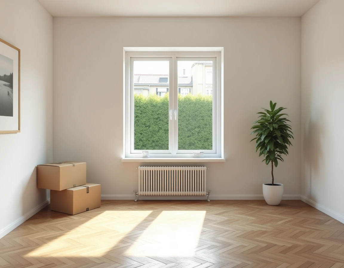 Salon vide d'une maison en location longue durée à Calais avec parquet et jardin