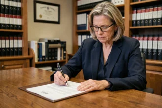 Femme notaire signant un contrat de vente immobilière dans un bureau juridique, garantie d'éviction code civil