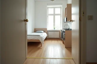 Intérieur d'un studio de 9m² avec mesure au sol illustrant la surface minimum légale d'un logement