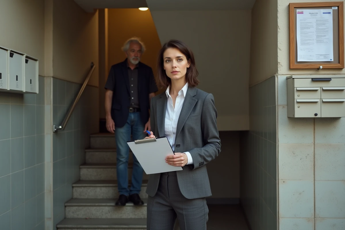 Gestionnaire de copropriété discutant d'un refus d'accès avec un copropriétaire dans la cage d'escalier de l'immeuble