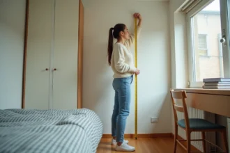 Étudiante mesurant les dimensions d'une petite chambre meublée avec un mètre ruban jaune dans un studio étudiant