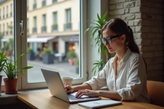 Femme en télétravail dans un appartement avec vue sur un quartier piéton du Havre