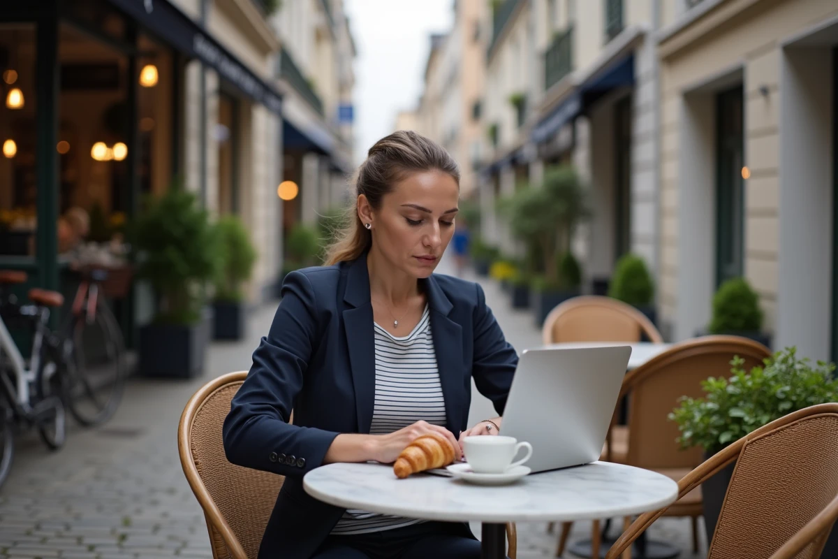 Femme en télétravail en terrasse de café dans une rue piétonne de Le Havre