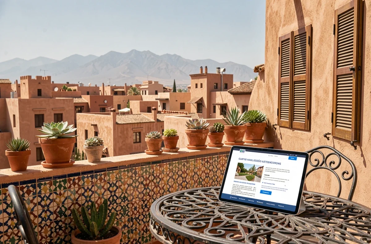 Terrasse d'un appartement à Marrakech avec vue sur la médina, illustrant le potentiel d'investissement immobilier depuis la France
