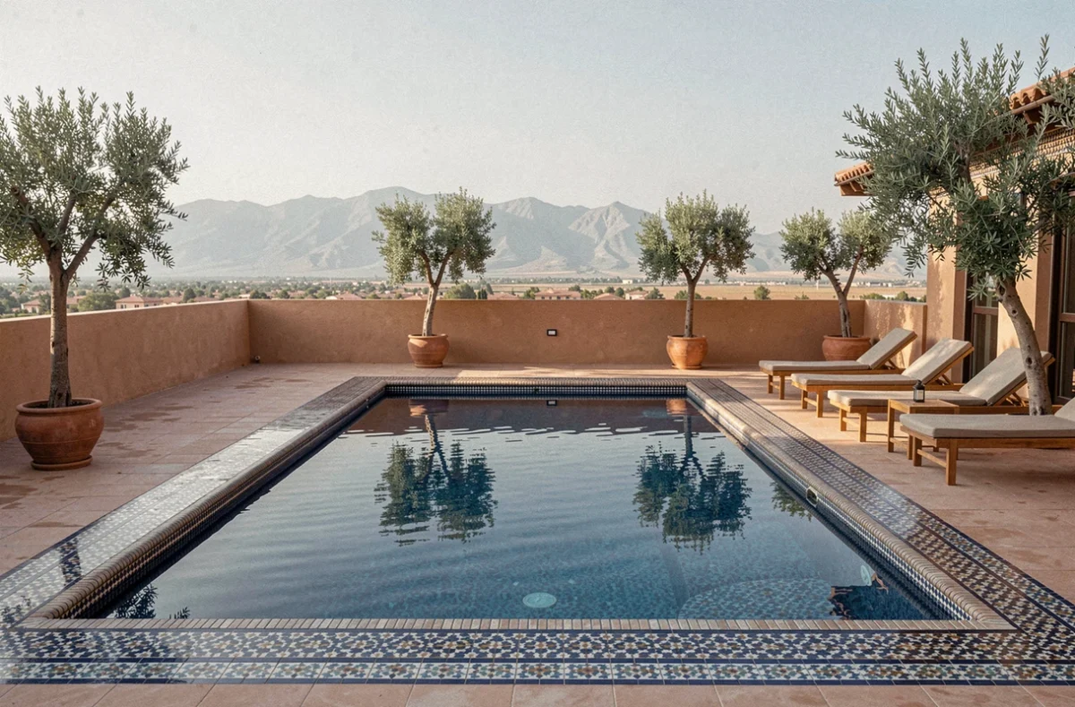 Terrasse avec piscine d'une villa de luxe à Marrakech à vendre avec vue sur l'Atlas