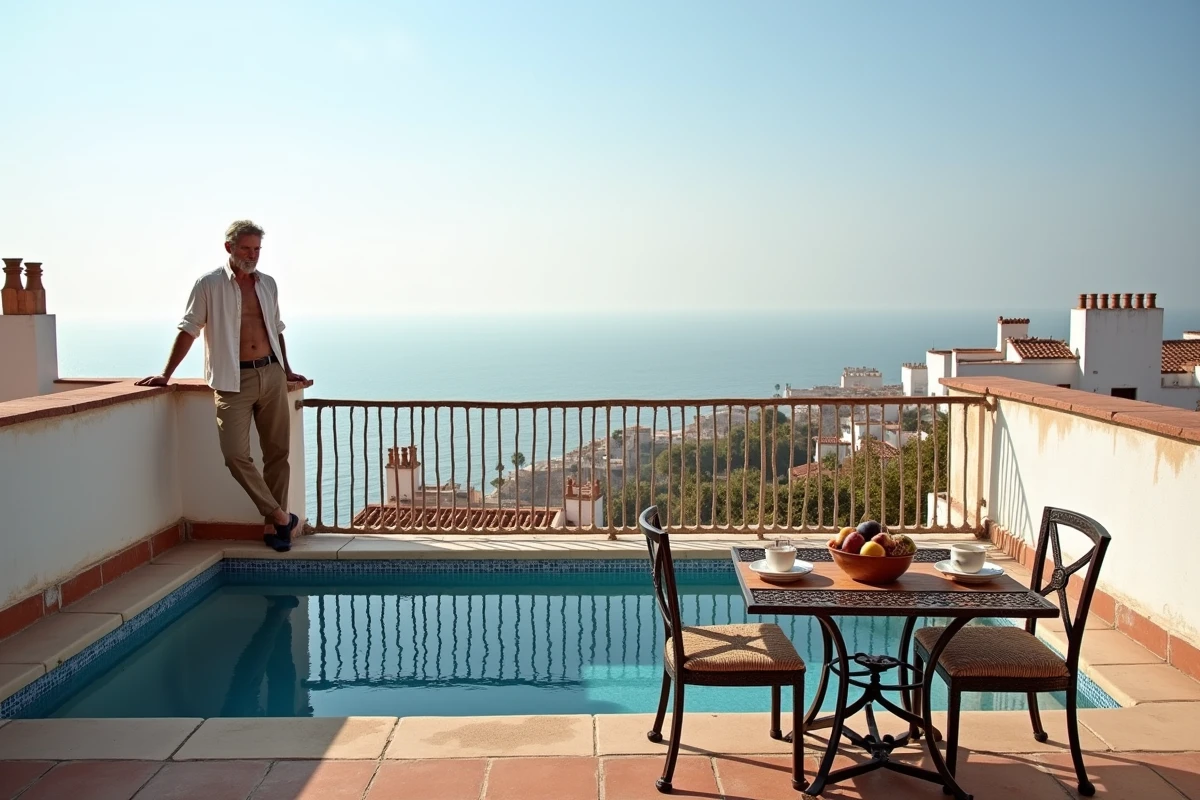 Terrasse de villa avec piscine privée à Essaouira, vue sur la médina et l'océan Atlantique