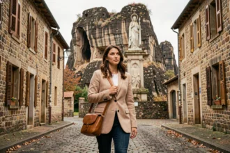 Femme professionnelle marchant dans les rues historiques du Puy-en-Velay avec le Rocher Corneille en arrière-plan