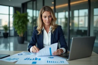 Analyste financière examinant des documents de solidité financière d'une entreprise immobilière dans un bureau moderne